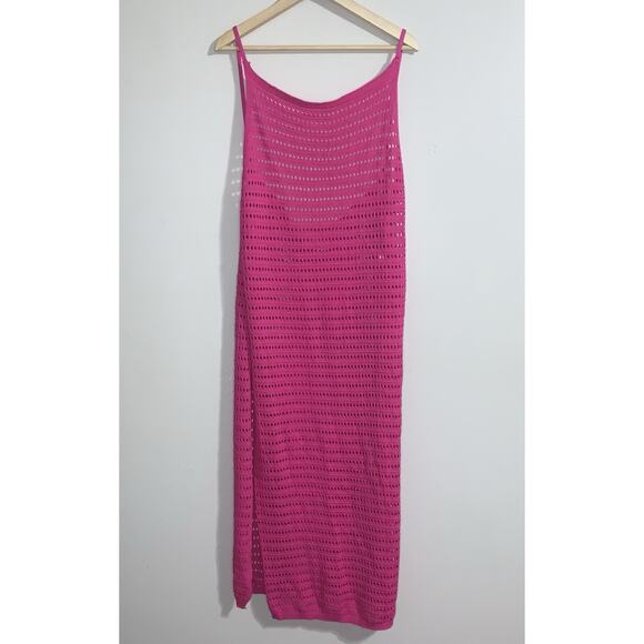 Crochet Knit Long Spaghetti Straps Fuchsia Pink Bathing Suit Coverup Size L/XL - Picture 2 of 15